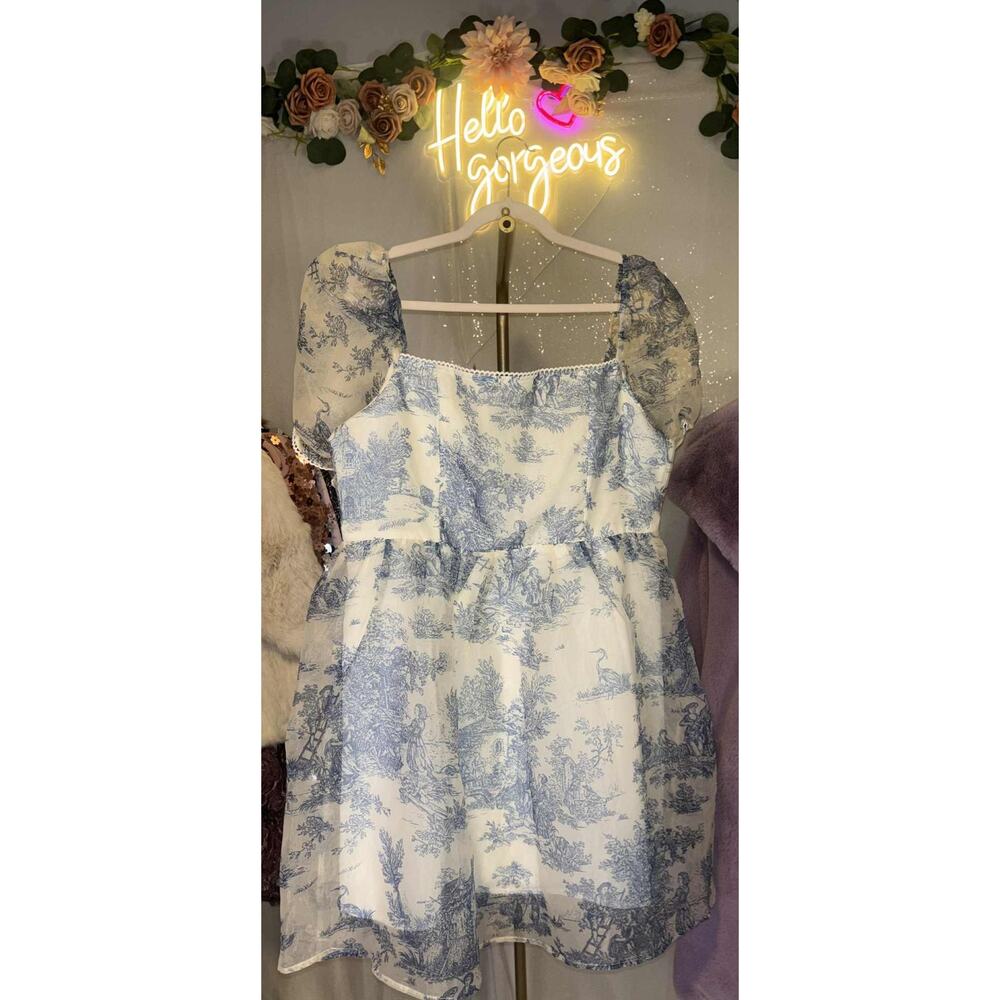 NWT Cider Chinoiserie Size 1XL Blue & White Puff Sleeve Mini Dress - Picture 2 of 5